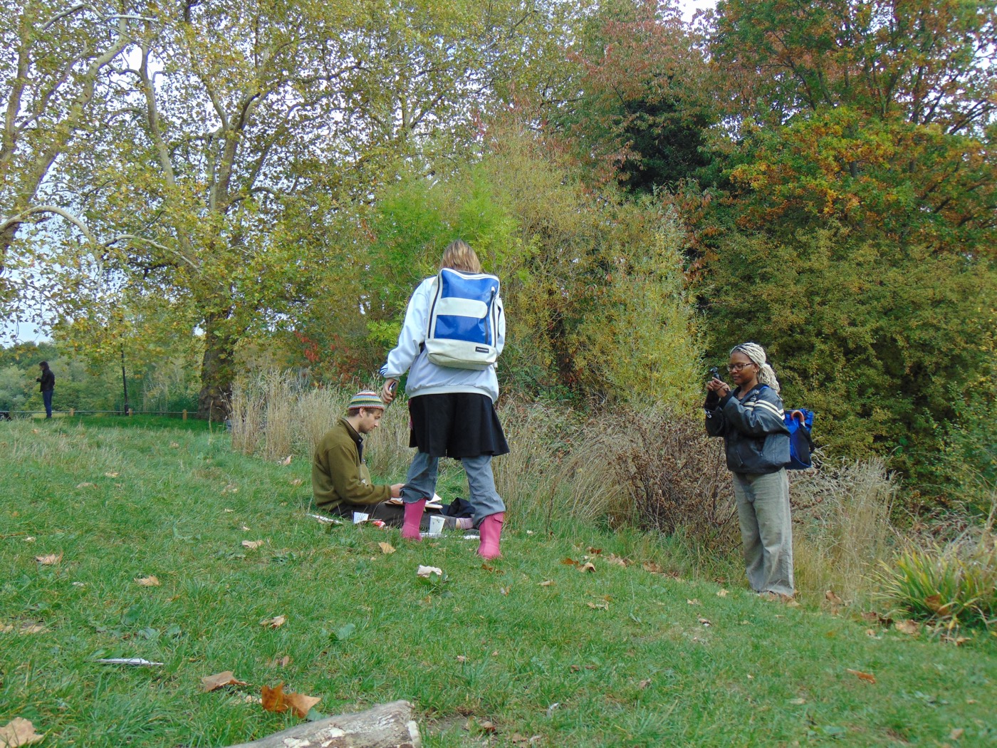 Group collecting water samples beside a pond on Hampstead Heath