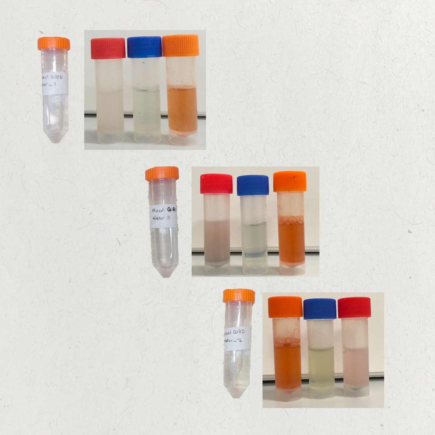 Water sample vials from three ponds