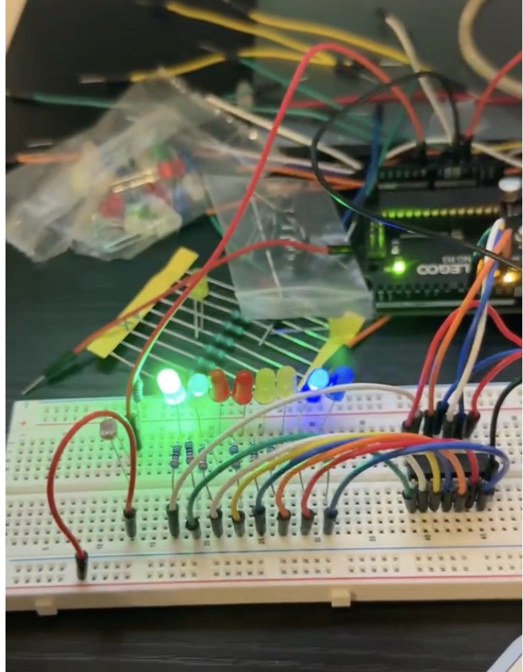 Breadboard with lit LED array wired to an Arduino