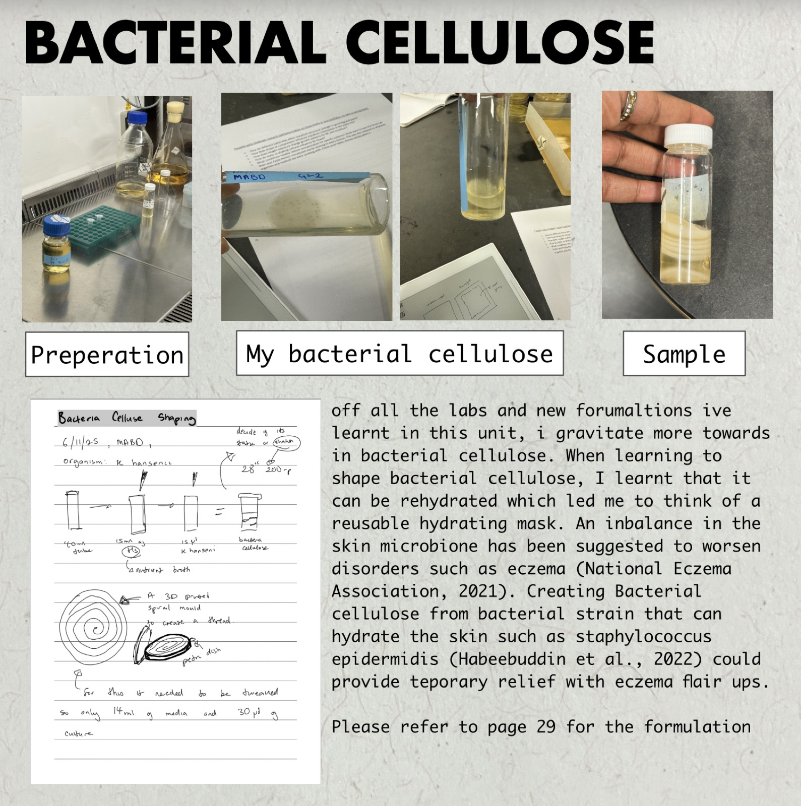 Board showing bacterial cellulose preparation, sample jars and handwritten formulation notes