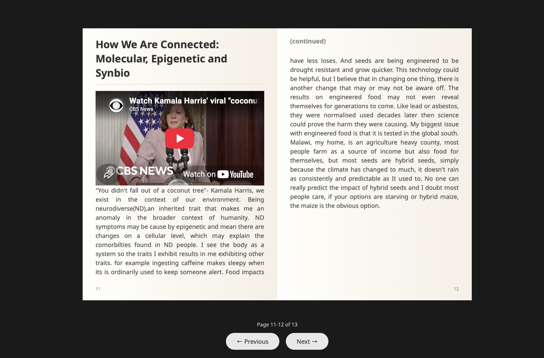 Spread from the Life Interconnected journal showing an essay page with an embedded video